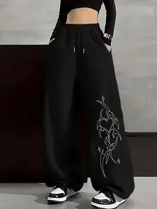 Women's Y2K Punk Graphic Print Straight Leg Pants, Casual Fashion Trousers, Loose Fit Casual Street Style, All Season Wear, Fashionable and Versatile, Casual Chic Bottoms