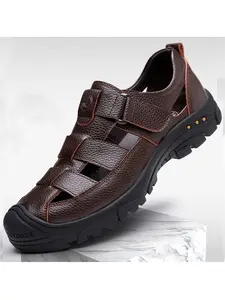 Men's Summer Outdoor Genuine Leather Breathable Sandals, Soft Sole Casual Slip-On Slippers, Versatile Open Toe Shoes for Outdoor Wear, Walking Shoes, Trekking Sandals