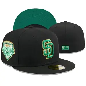 New Era MLB San Diego Padres 59FIFTY Fitted Hat size 7 1/2 – Black And Emerald Green Baseball Cap With Green Gold Logo And Vintage All Star Side Patch, Flat Brim Gorras De Béisbol Streetwear Style