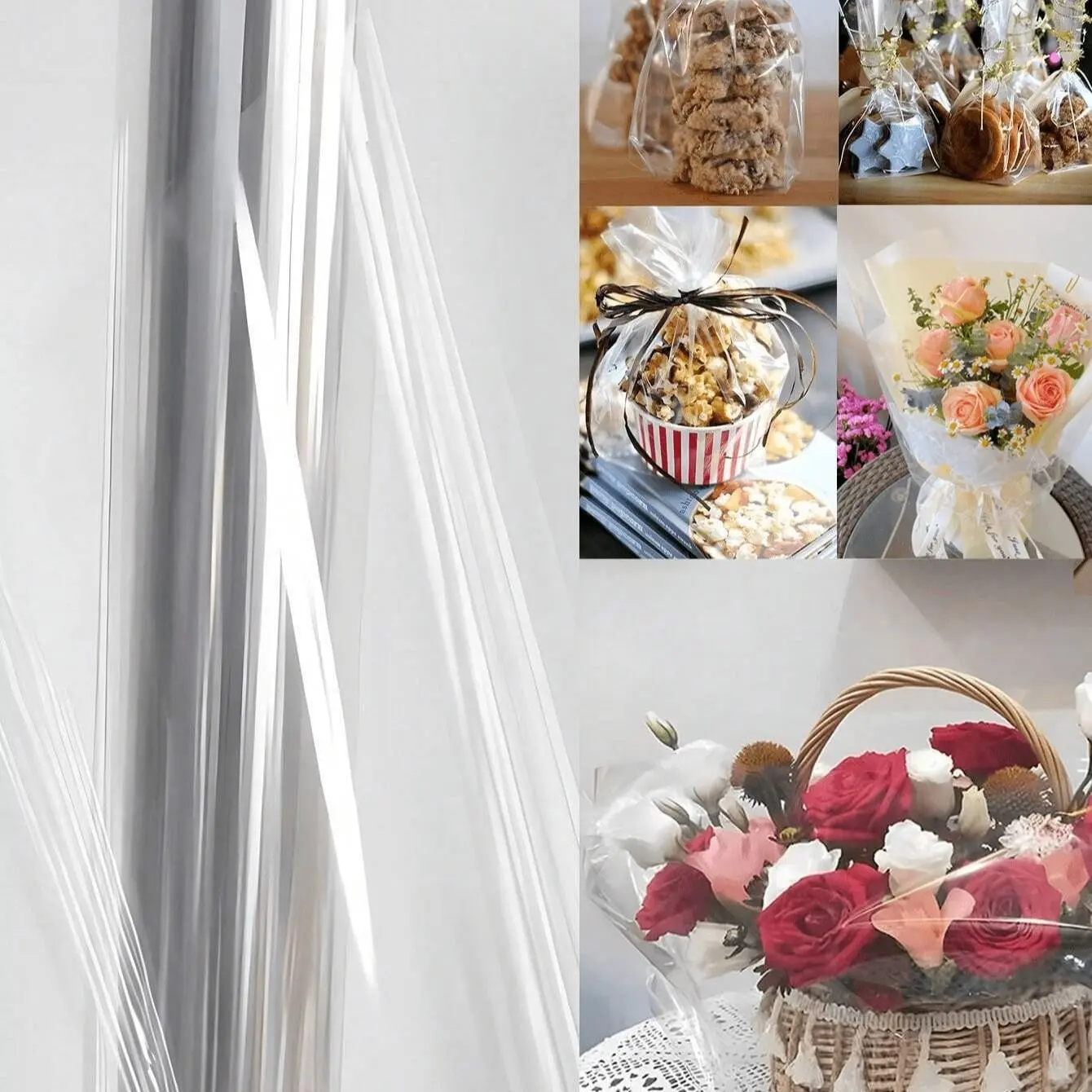 Transparent Floral Packaging Bags Waterproof Glass Paper Opp Roll Film Printed Flower Wrapping Paper Thick Plastic Bag for Various Packaging Liners Gift Wrapping Supplies
