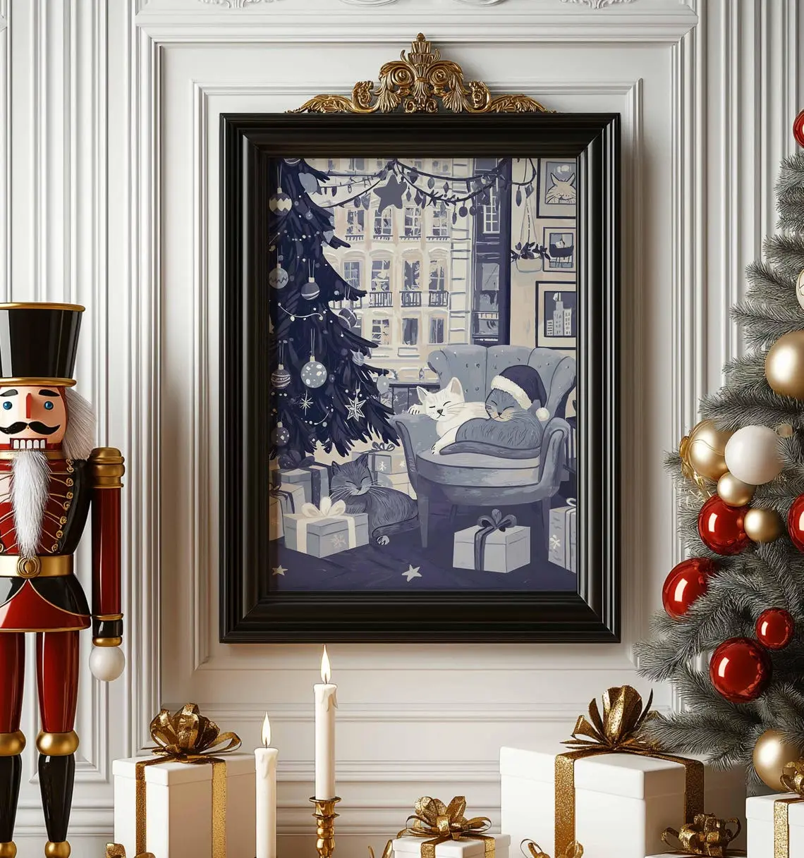 Retro Christmas Cats Print Xmas Poster For Kids' Room Holiday Wall Decor. Retro Trendy Art Decor Poster, Unframed Poster