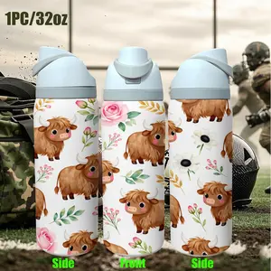 1pc 32oz Vacuum Insulated Tumbler with Handle, Vacuum Insulated Cup, Highland Cow Floral Design, Double Wall Stainless Steel, Keeps Drinks Hot and Cold, Large Capacity for Car and Daily Hydration, Coffee and Water Use