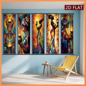 African Tribal Style Canvas Art Print Set, 5-Piece Flat Design Wall Decor, Plastic Frame Hooks, Easy Hanging, Perfect for Hallway & Living Room, Unique Artwork, Wall Decoration, Artistic