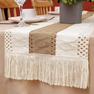 Boho Burlap Macrame Table Runner - 72x12 in Hand-Woven Cotton Linen Fabric with Hollow Stripes, Tasseled Ends, Boho Farmhouse Home Decor for Indoor Recreation Use Towel