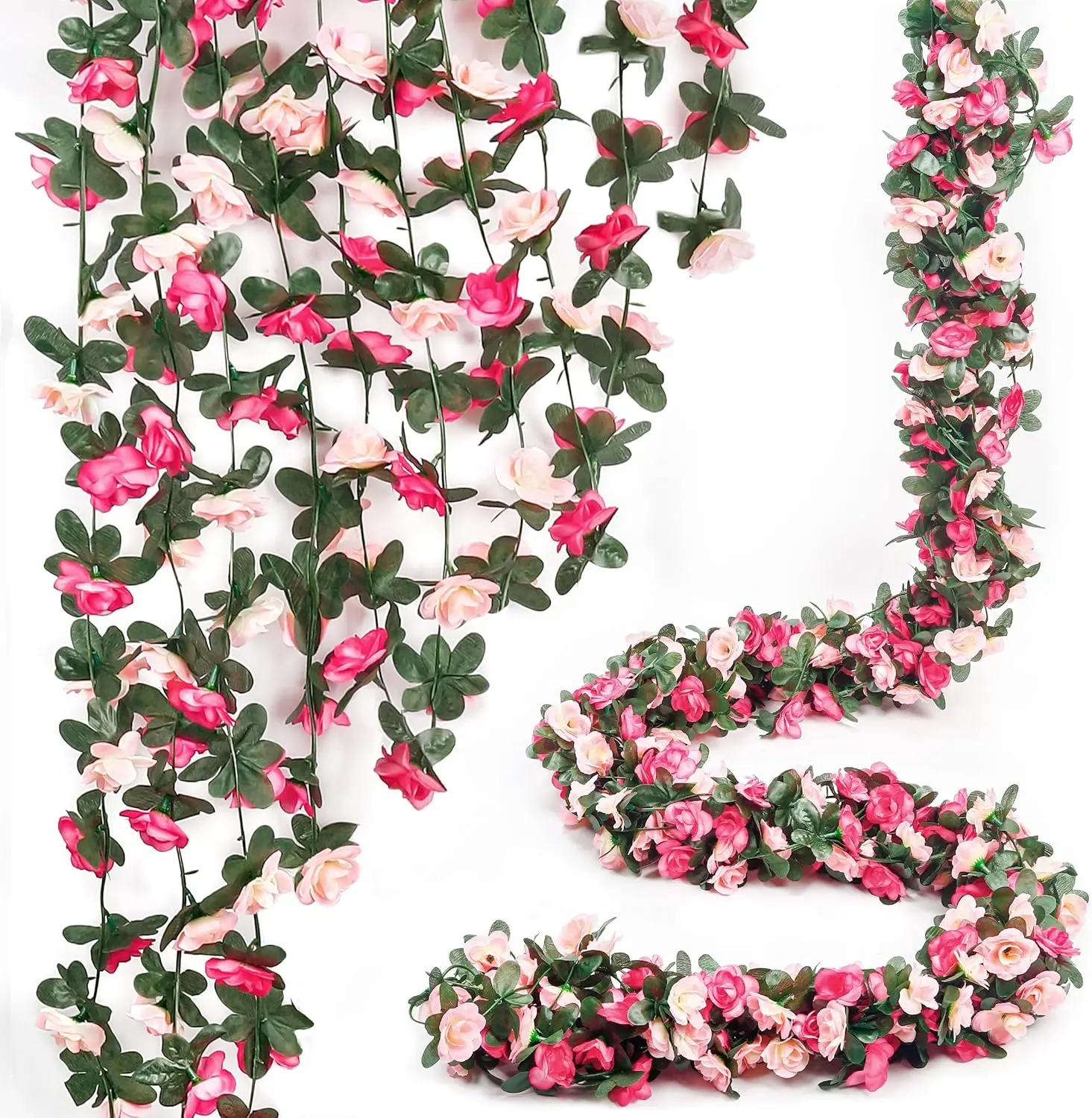 5Pcs 41FT Pink Flower Garland Artificial Rose Arch Vines Fake Spring Floral Garland for Flower Wall Backdrop Wedding Mothers Day Garden Tea Party Decoration