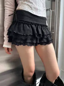 Sweet Girl Style Lace Patchwork Wooden Trim Solid Color Layered Ruffle Trim Skirt, Crinkle Bow Knot Korean Lolita Ultra Short Dress