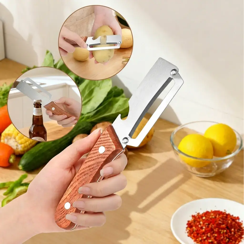 2-Pack 2-In-1 Kitchen Peeler Set, Fine Wooden Handle, Built-In Bottle Opener - Multipurpose Fruit and Veggie Tool