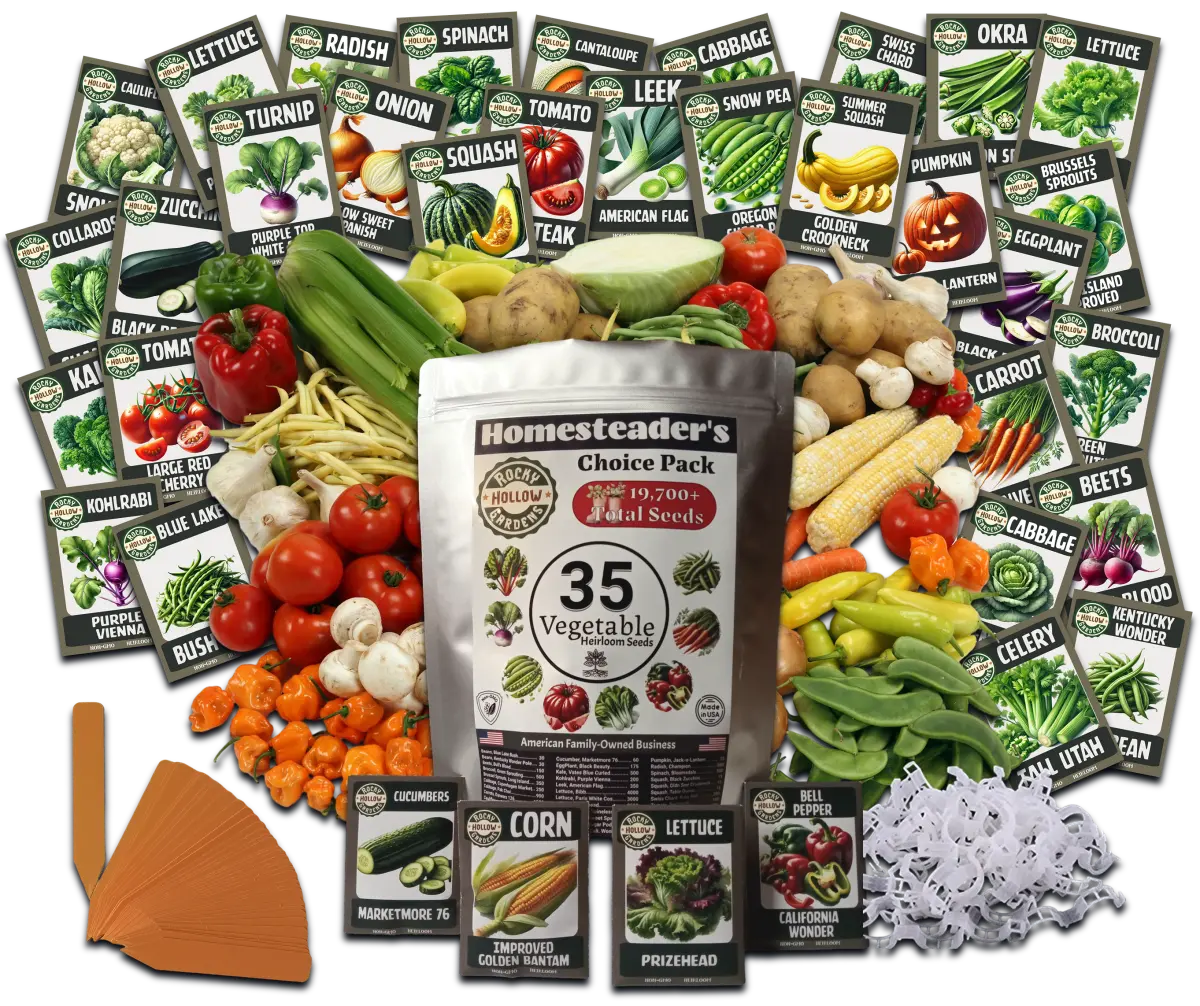 Homesteader's Choice Garden Seed Variety Pack - 35 Vegetable Heirloom Seed Varieties with Plant Markers and Tomato Vine Clips, Great in Ground or Raised Garden Beds with Free Garden Accessories