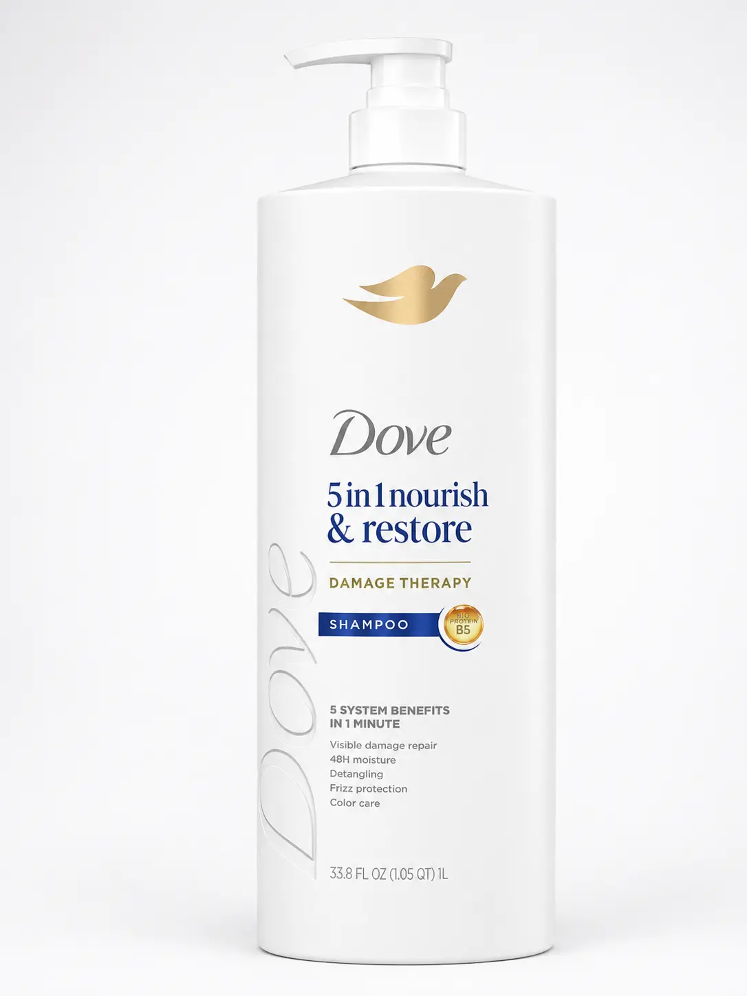 Dove Nourish & Restore 5-in-1 Shampoo, 33.8 fl. oz. Demage Therapy, visible demage repair, 48h moisture, detangling, frizz protection, color care, hair care