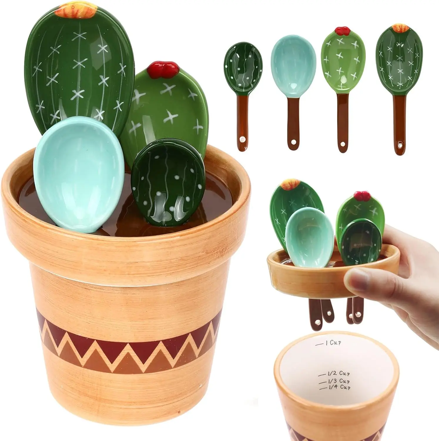 5 Pieces Measuring Spoons Set/Ceramics Spoons and Measuring Base Cup/For Dry and Liquid Ingredient, Cute Cactus Shape (Wave Base) RDGDFONG