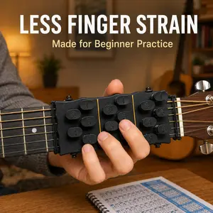 Portable guitar chord presser, natural sound guitar chord helper and trainer—guitar learning tool for beginners and arthritis patients; quickly builds confidence and provides a sense of accomplishment.