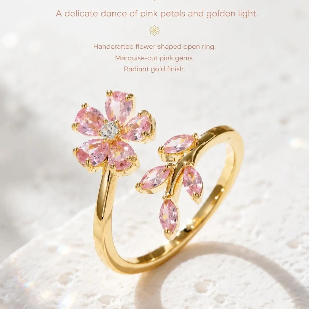 Women's Gold-Tone Crystal Stackable Pink Flower Ring - Elegant Everyday Jewelry Ring, Exquisite Trendy Adjustable Statement Gift for Girlfriend, Elegant Everyday Ring