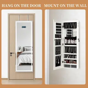 LED Mirror Jewelry Cabinet with Bluetooth Speaker Wall Door Mounted Organizer Armoire Full Length Lighted Mirror with Storage for Women