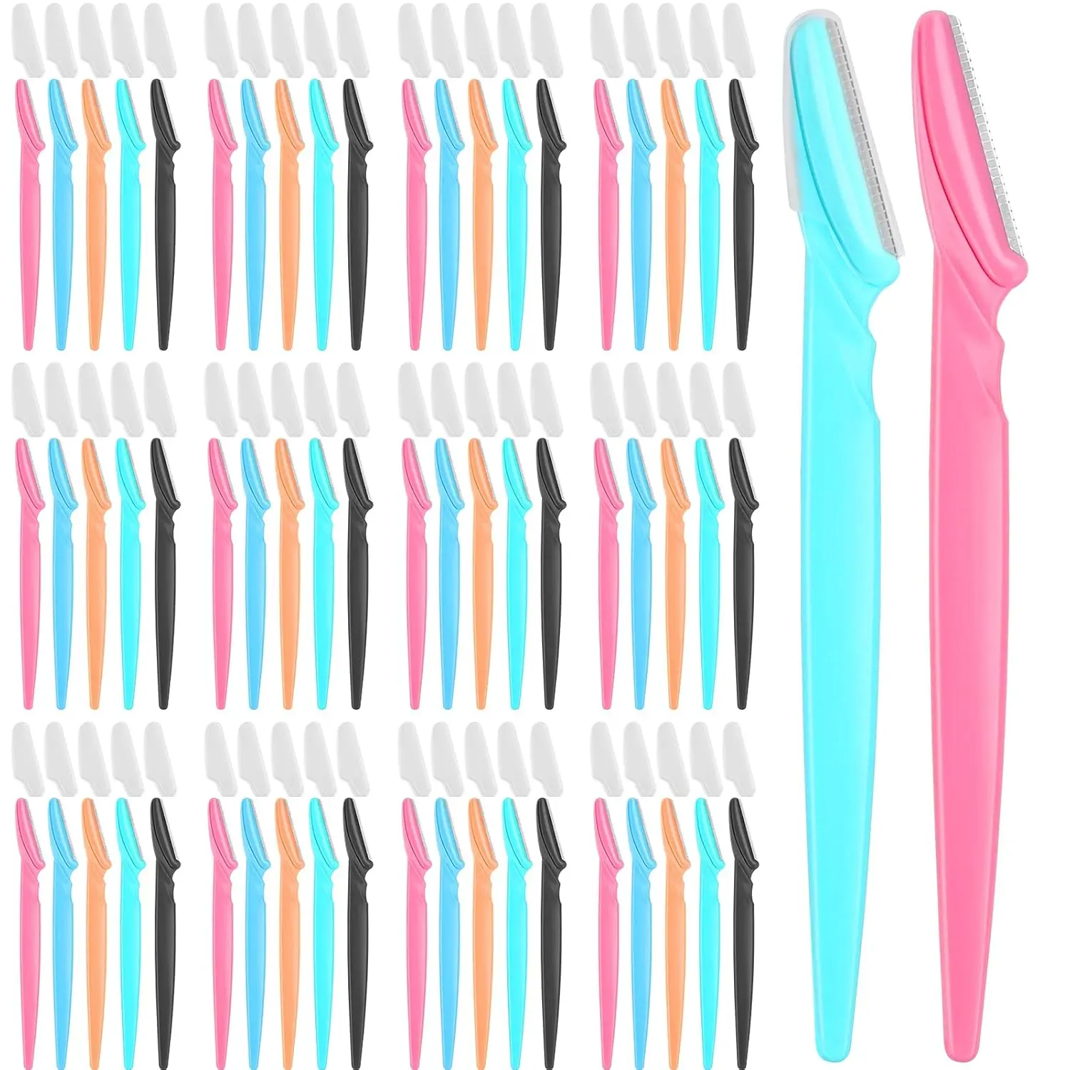 Women's 100-Pack Multi-Color Eyebrow and Face Razors - Beginner-Friendly Dermaplaning Tool for Sensitive Skin, Handlebar Moustache Razors for Hair Removal, Facial Beard And Goatee Treatment, Facial Care, Adults, Eyebrows/Face, Multi-Pack, Glide Gently, 4,