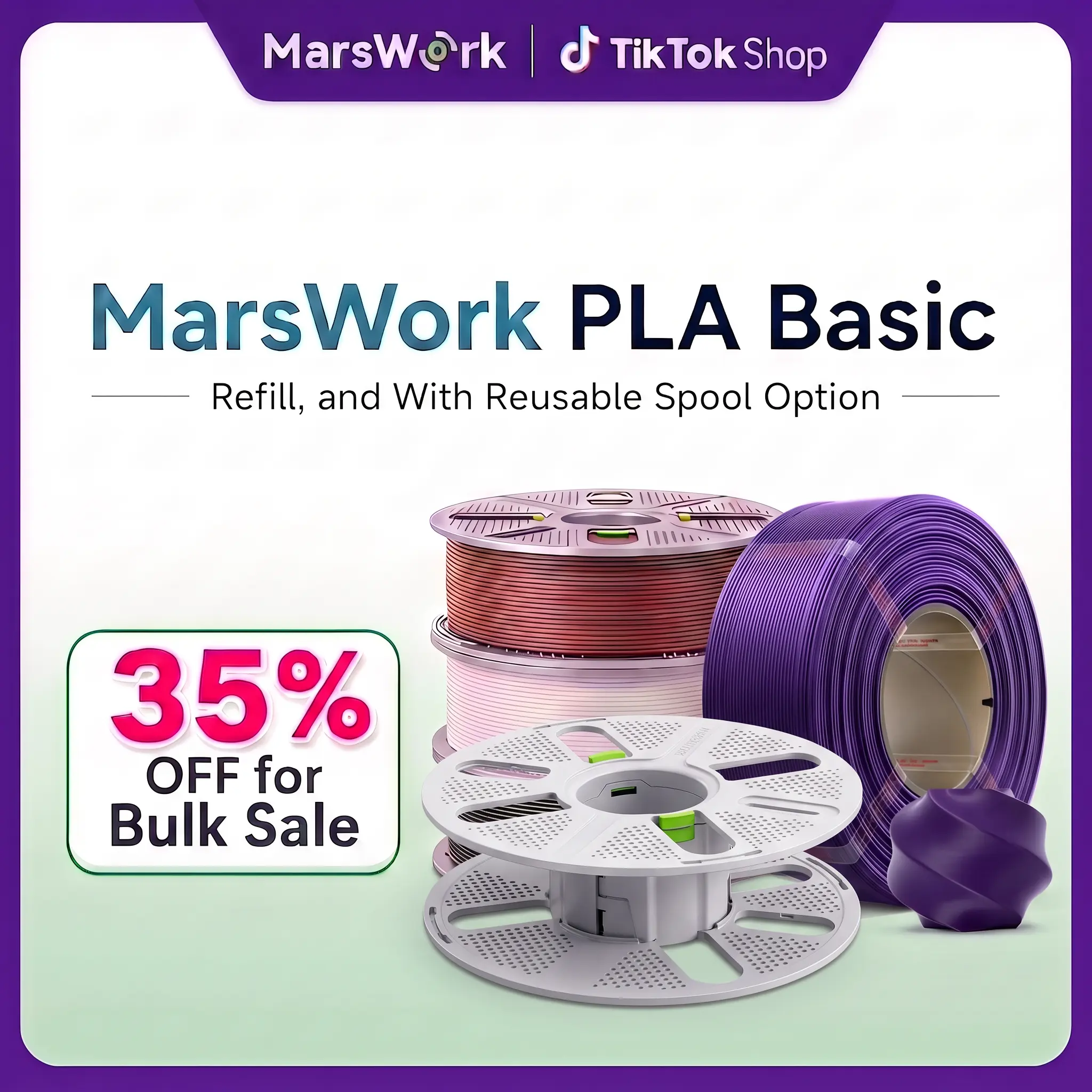 MarsWork PLA Basic Filament with Quick-Swap Reusable Spool 1kg (2.2lbs), 1.75mm 3D Printing Filament, Compatible with Bambu Lab 3D Printers, Refill Filament 1kg (2.2lbs) for Reusable Spools