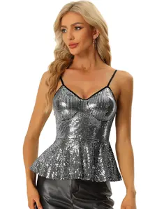 INSPIRE CHIC Sequin Sparkle Tank Top V Neck Ruffle Camisole Sleeveless Peplum Tops