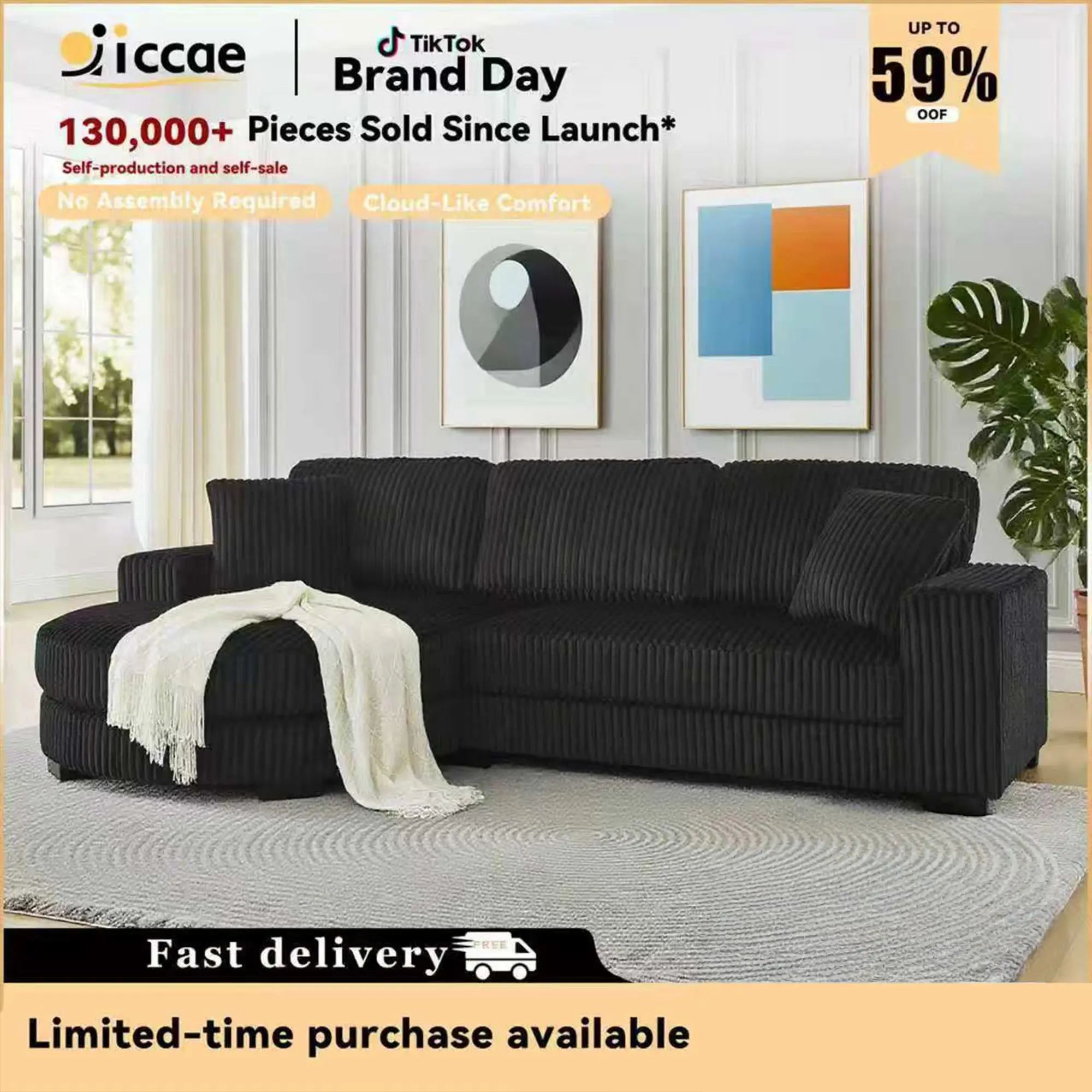 【3 Sub Packages】 Niccae Convertible Teddy Fabric Foam Sleeper Sofa with 6 Pillows, Corduroy Tufted L-Shaped Modular Sectional with Ottoman, Left & Right Placement for Living Room, Bedroom, Office, Apartment