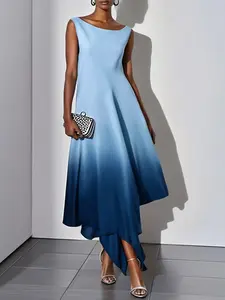 Loose Sleeveless Gradient Slit Boat Neck Evening Dress Long Gown, Chic Stylish Party Wear, Formal Wear, Comfortable and Elegant Design