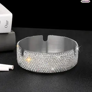 Bling Rhinestone-Design Stainless Steel Ashtray, Luxury Portable Smoking Fashion Accessory, Boujee Modern Home Decor, Solid Metal Desk Ornament, Car Decor Accent
