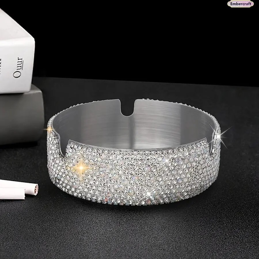 Luxury Rhinestone Bling Ashtray with Lid, a Portable Decorative Desktop Ornament for Modern Car and Home Office Use, Decorative Ornaments