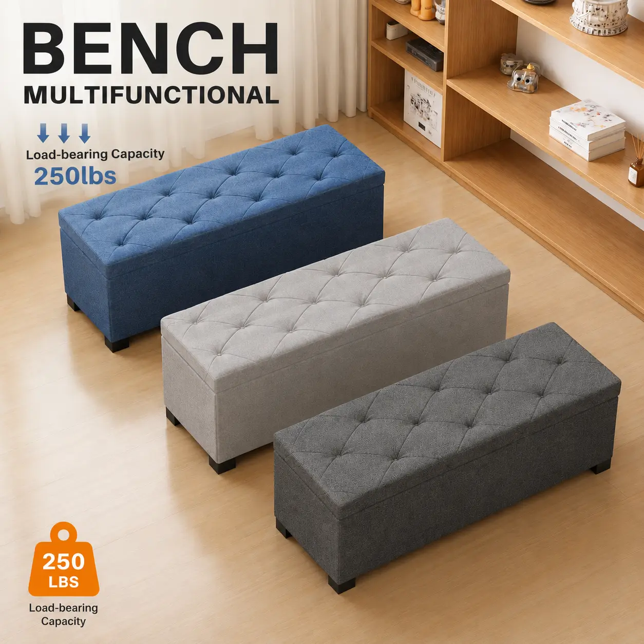 Storage Ottoman Bench, Foot Rest with Legs, End of Bed Bench, Storage Chest, Load up to 250 lb, for Living Room, Bedroom, Entryway