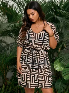 Plus Size Polyester-Spandex Casual Fabric Geometric Maze Print Swimdress - V Neck, Tie Waist, A-Line Skirt, Sleeved