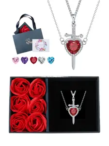 2PCS/Set Heart Design Necklace Heart Sword Pendant Necklace With Red Roses Jewelry Box, Trendy Dainty Couple Necklace Set, Valentine's Day Birthday Christmas Jewelry Gift for Girlfriend Boyfriend Heart Shaped Necklace