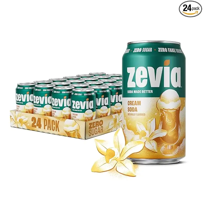 Zevia Vanilla Cream Soda Fizzy Drink, 24-Pack 12 oz Cans, Naturally Sweetened with Stevia, 0 Calorie, Non-GMO, Gluten Free, Vegan, Kosher Beverage