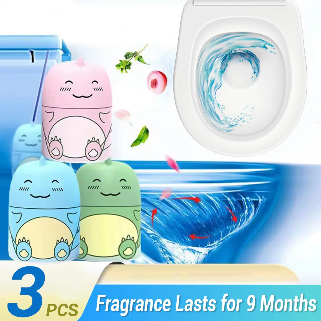 CloudMades 3-Bottle Automatic Toilet Cleaner System - Cute Dinosaur-Shaped Scented Cleaning Products, Long-Lasting Deodorizing Anti-Fouling Bathroom Tank Cleaners with Ocean, Jasmine, Peach Scents (Tablets Included), Household Cleaning Supplies