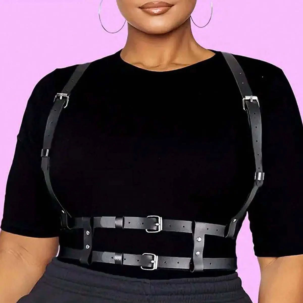 Women's Plus Size Custom-Fit PU Leather Chunky Belt Style Harness - Heavy Duty, Curvy Figure-Flattering, Durable, Dual Parallel Waist Band, Adjustable Wide Shoulder Suspenders, Gothic Casual Statement Strap, XXL Street Style, Rivet Accent, Custom-Fit Wome