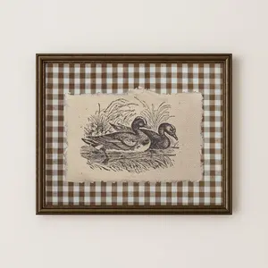 Vintage Duck Wall Art Unframed Poster Brown Gingham Farmhouse Illustration Rustic Nature Inspired Home Decor for Living Room Bedroom Kitchen Gift Idea