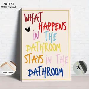1PCS With Framed Creative Bathroom Wall Decor Modern Minimalist Canvas Painting with Wooden Frame Home Wall Art Toilet Funny Quote Print Art Mural Living Room Bedroom Decoration 2D Flat Home decor