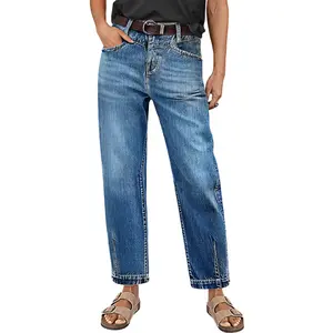 Flamingals Stitch Detail High Waist Straight Leg Jeans Without Belt Stretchy