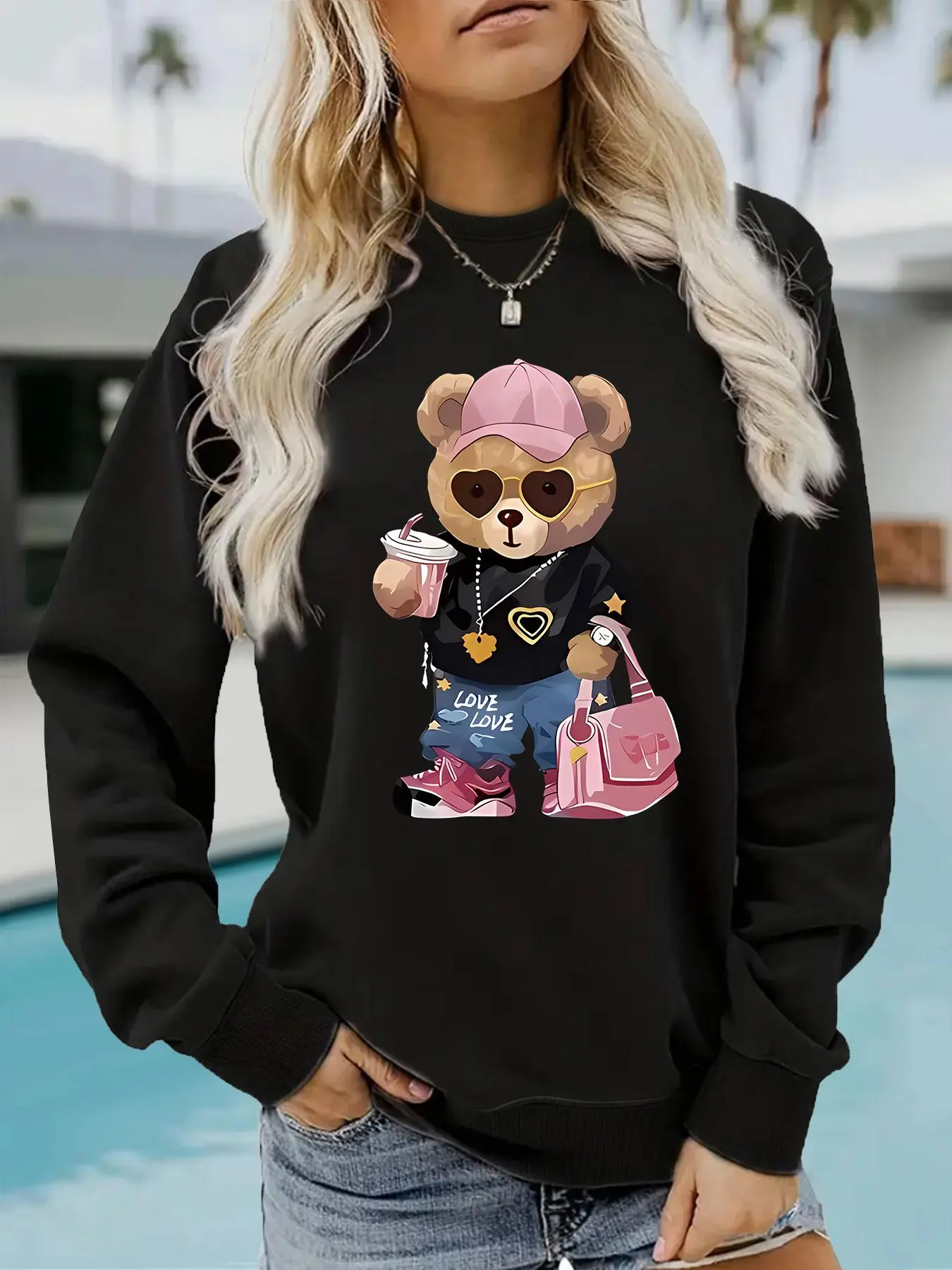 Teddy Bear Print Funny Relatable Sweatshirt for Women, Lady, Casual Loose-Fitting Round Neck Long Sleeve Pullover, Casual Cozy Pullover, Comfortable Knitted Sportswear for Fall & Winter, Womenswear