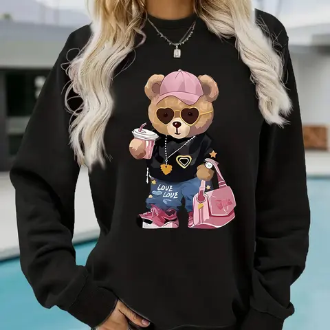 Teddy Bear Print Funny Relatable Printed Sweatshirt for Women, Lady, Casual Loose-Fitting Round Neck Long Sleeve Pullover, Comfortable Knitted Sportswear for Fall & Winter, Womenswear