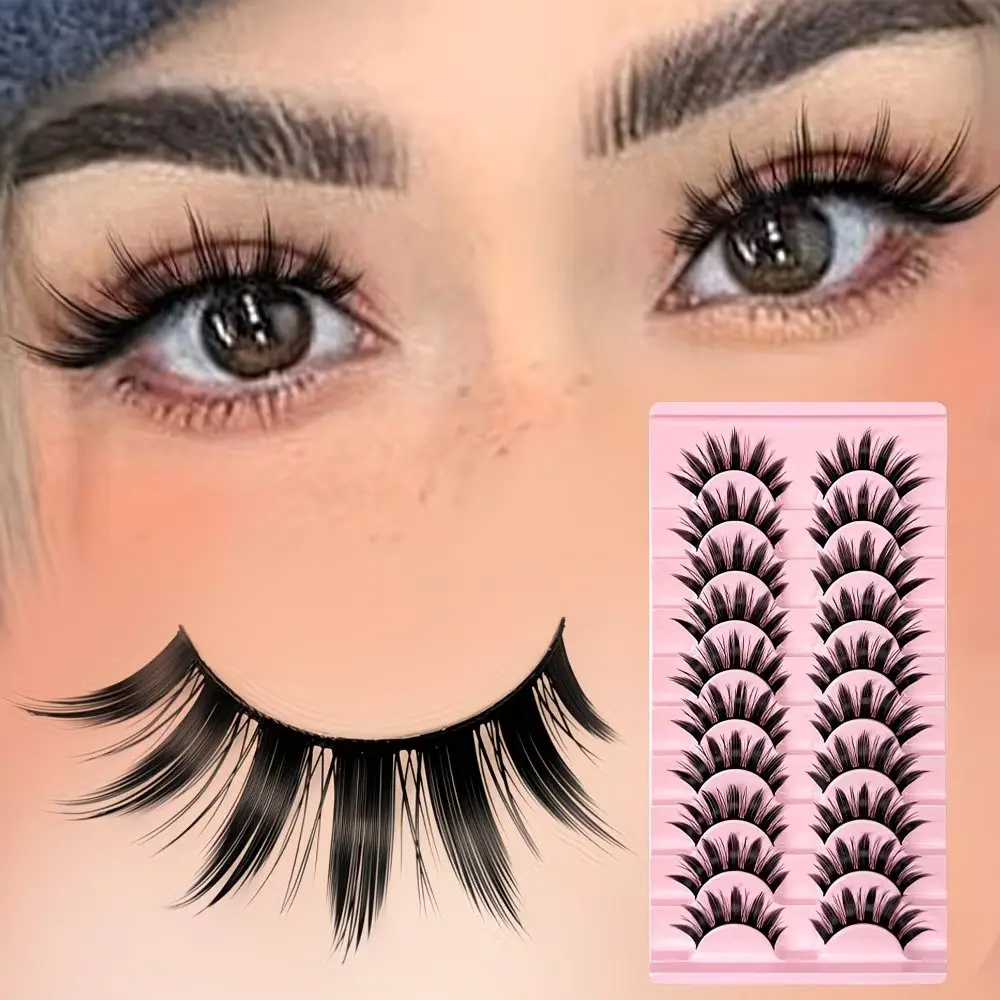 10 pairs of thick fake eyelashes with pointed tails, anime cosplay, manga style, Japanese 16mm length, natural doll eyelashes, Halloween party makeup, Christmas makeup, fake eyelashes, Eyelash Set