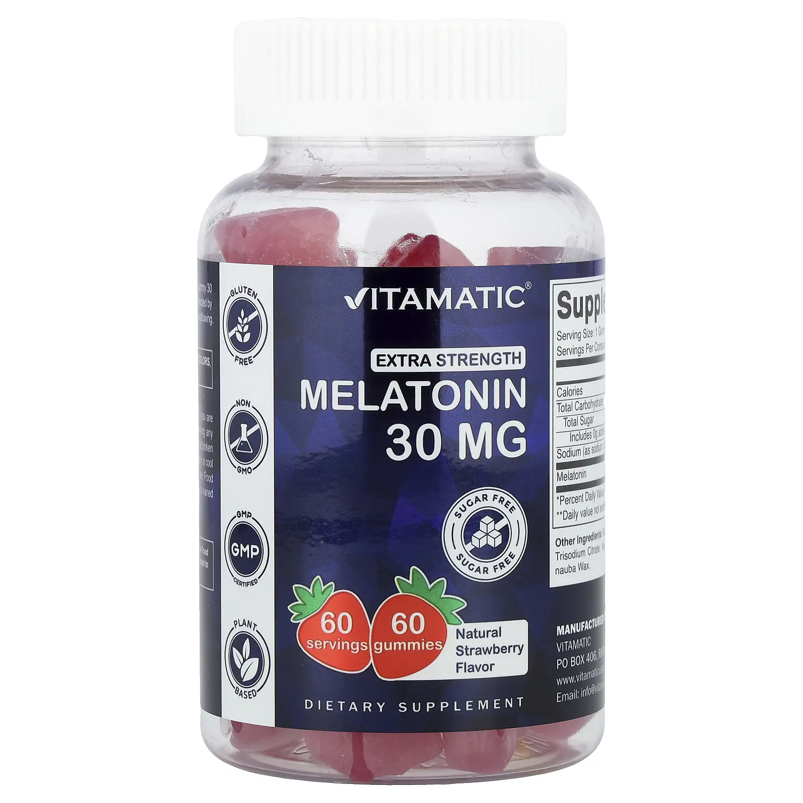 Vitamatic Melatonin Gummies, Natural Strawberry, 30 mg, 60 Gummies