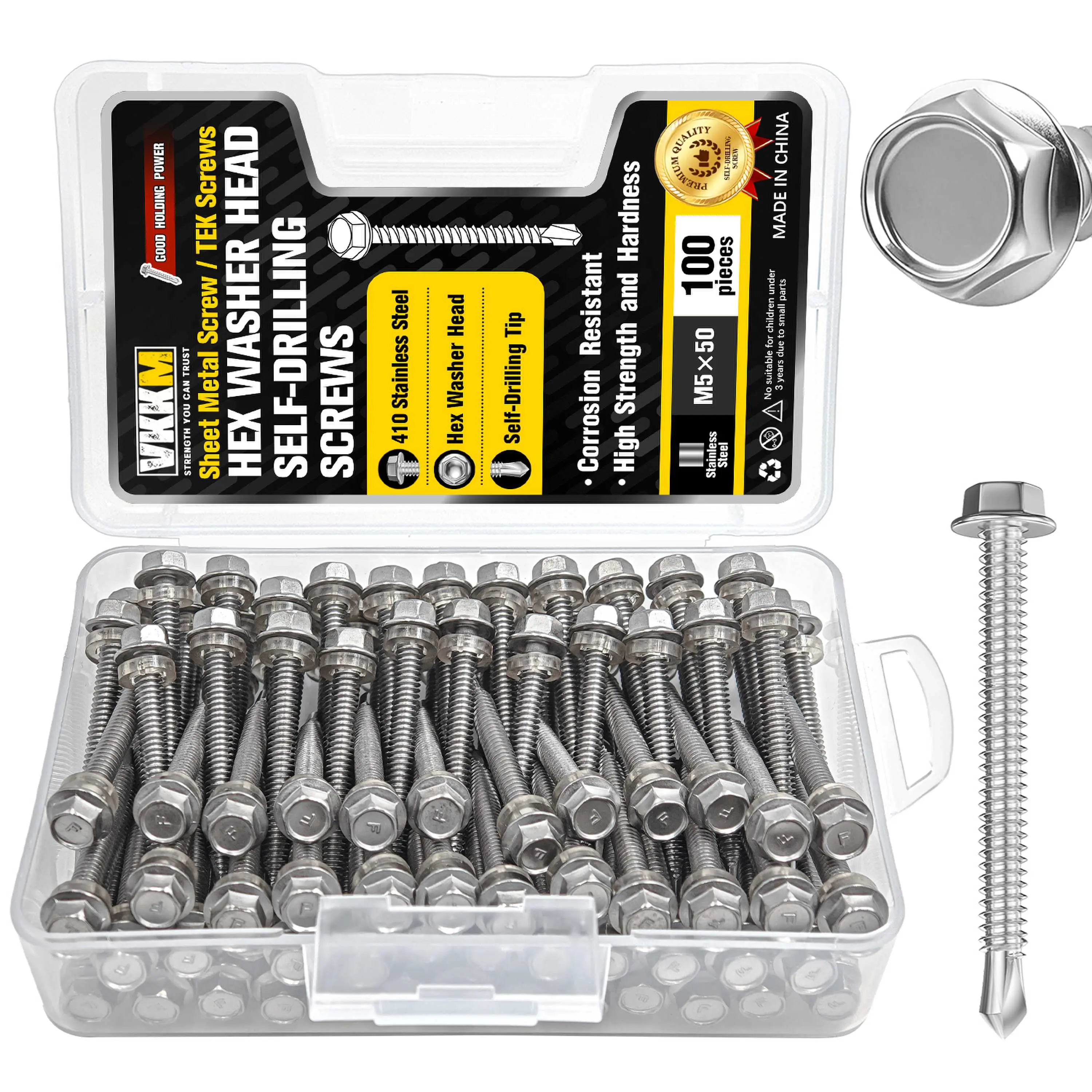 VKKM Hex Washer Head Self Drilling Screws, 410 Stainless Steel Tek Screws, Self Tapping Sheet Metal Screws for Roofing, Metal Frames, Furniture & General Repair