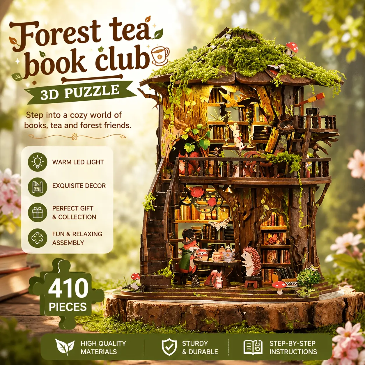 Forest Tea Book Club Wooden Book Nook Model Building Kit - Adult 3D Wooden Puzzle Kit, DIY Assembly Building Set, Hand-Built Mini Hut with Hardwood Slats, Acrylic Dust Cover, Collectible House Decoration Gift