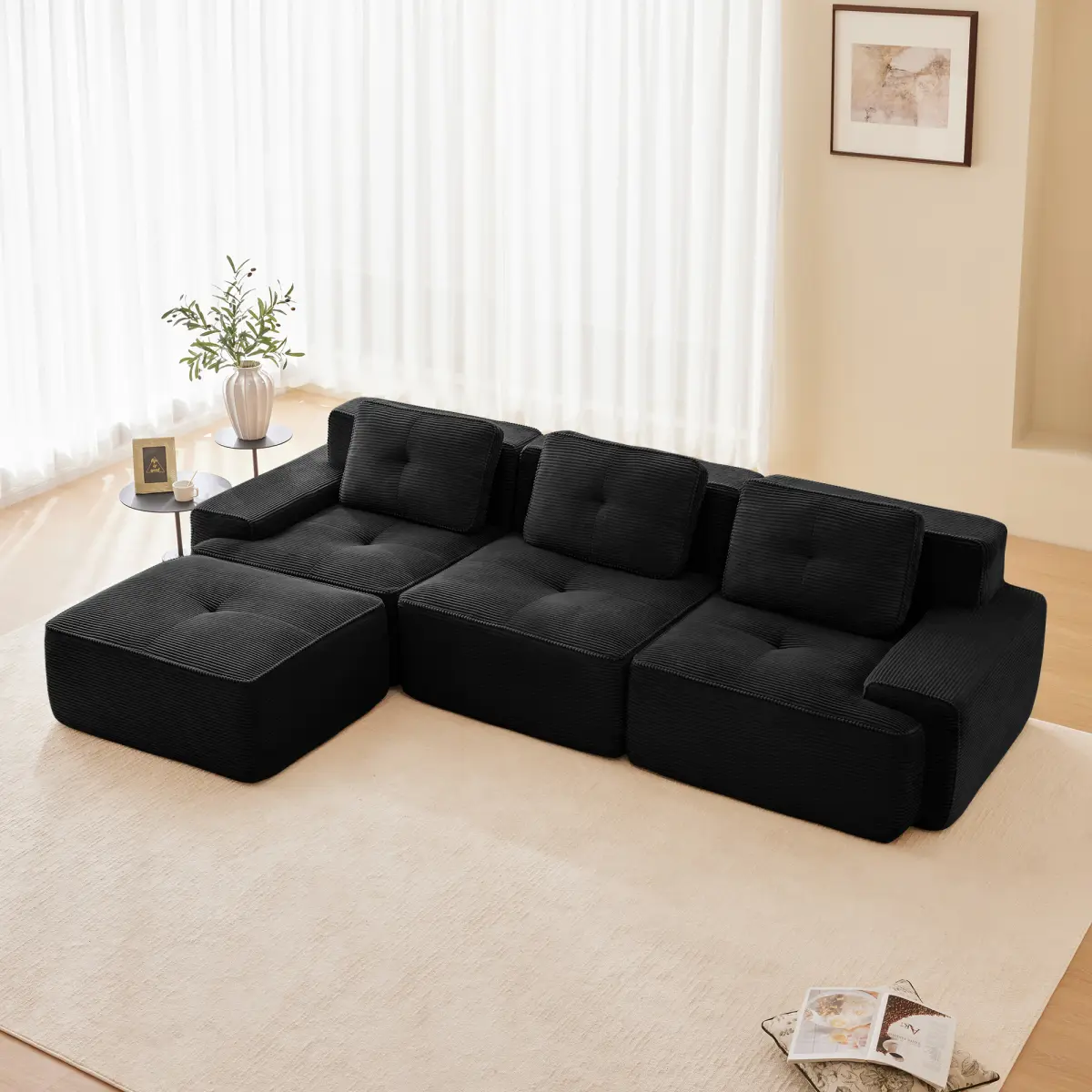 117" Modern L-Shaped Modular Sectional Sofa for Living Room, Corduroy Fabric,3-Seater Couch with Deep Seat and Movable Ottoman,Pearl-like piping, Tufted Design,No Assembly, Anti-slip Design ​ , Black