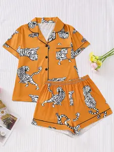 Women's Tiger Pattern Short Sleeve Top and Shorts Set, Comfortable Casual Home Wear, Two-Piece for Daily Use, Ladies Sleepwear
