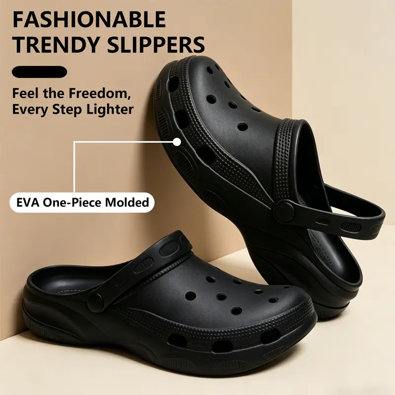 Unisex Black Hollow-Out EVA Slip-On Clogs - EVA Upper, Flexible Breathable Holey Sole, Outdoor Beach Casual Shoes for Women, Garden Work Footwear, Holiday, Ventilation, Evening, Indoors, Chic, Lightweight, Wide, Casual Outdoor Slippers