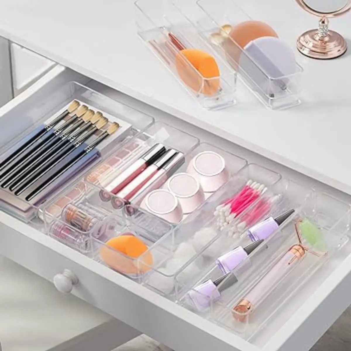 Makeup Drawer Organizer Storage Trays For Makeup, Kitchen, Bedroom, Office, Desk, Versatile Plastic Clear Drawer Organizer. Boxes Set Containers Set