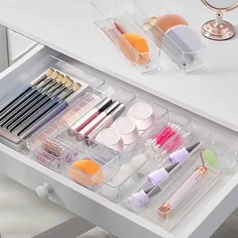 Makeup Drawer Organizer Storage Trays For Makeup, Kitchen, Bedroom, Office, Desk, Versatile Plastic Clear Drawer Organizer. Boxes Set Containers Set