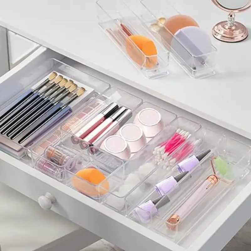 Makeup Drawer Organizer Storage Trays For Makeup, Kitchen, Bedroom, Office, Desk, Versatile Plastic Clear Drawer Organizer. Boxes Set Containers Set