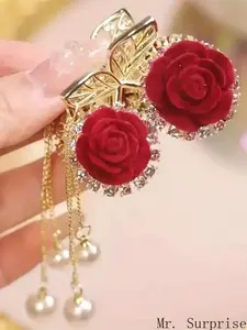 Elegant Vintage Rose Pearl Dangle Hair Clip - Alloy Felt Rose, Transparent Gemstone, Luxury Accessory for Women, Ideal Gift for Mother’s Day, Valentine’s Day, Fashion Hair Accessory, Accessories For Women
