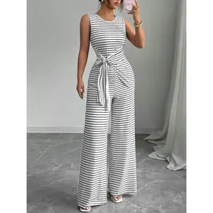 Women’s casual commuting jumpsuit, round neck sleeveless, striped bow details, perfect for commuting and everyday casual wear GARMENTARY