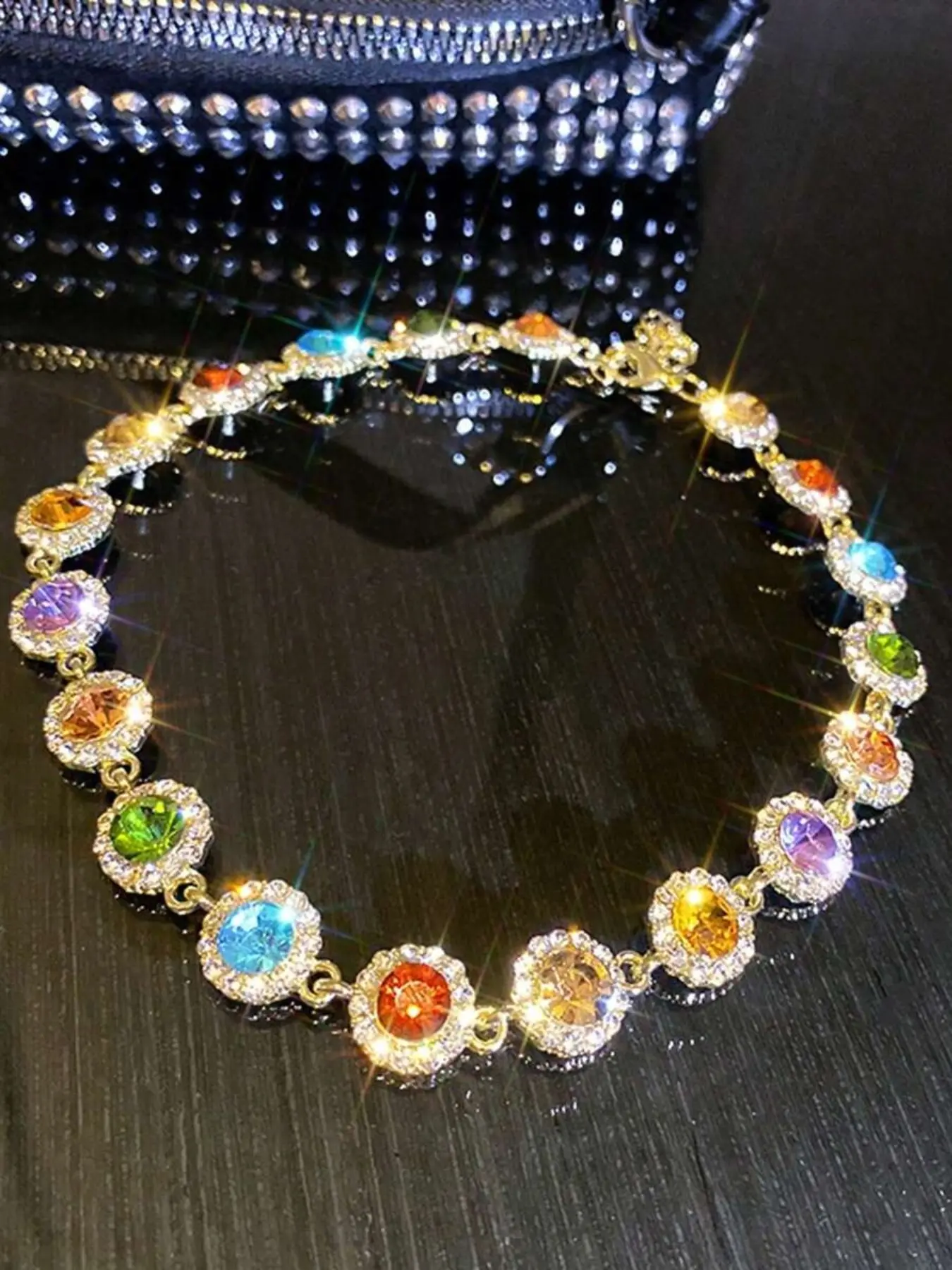 Elegant Stylish Colorful Rhinestones Necklace Bracelet Fashionable Jewelry Set Decorative Accessories Holiday Birthday Party Gift For Girls Trendy Jewelry Set