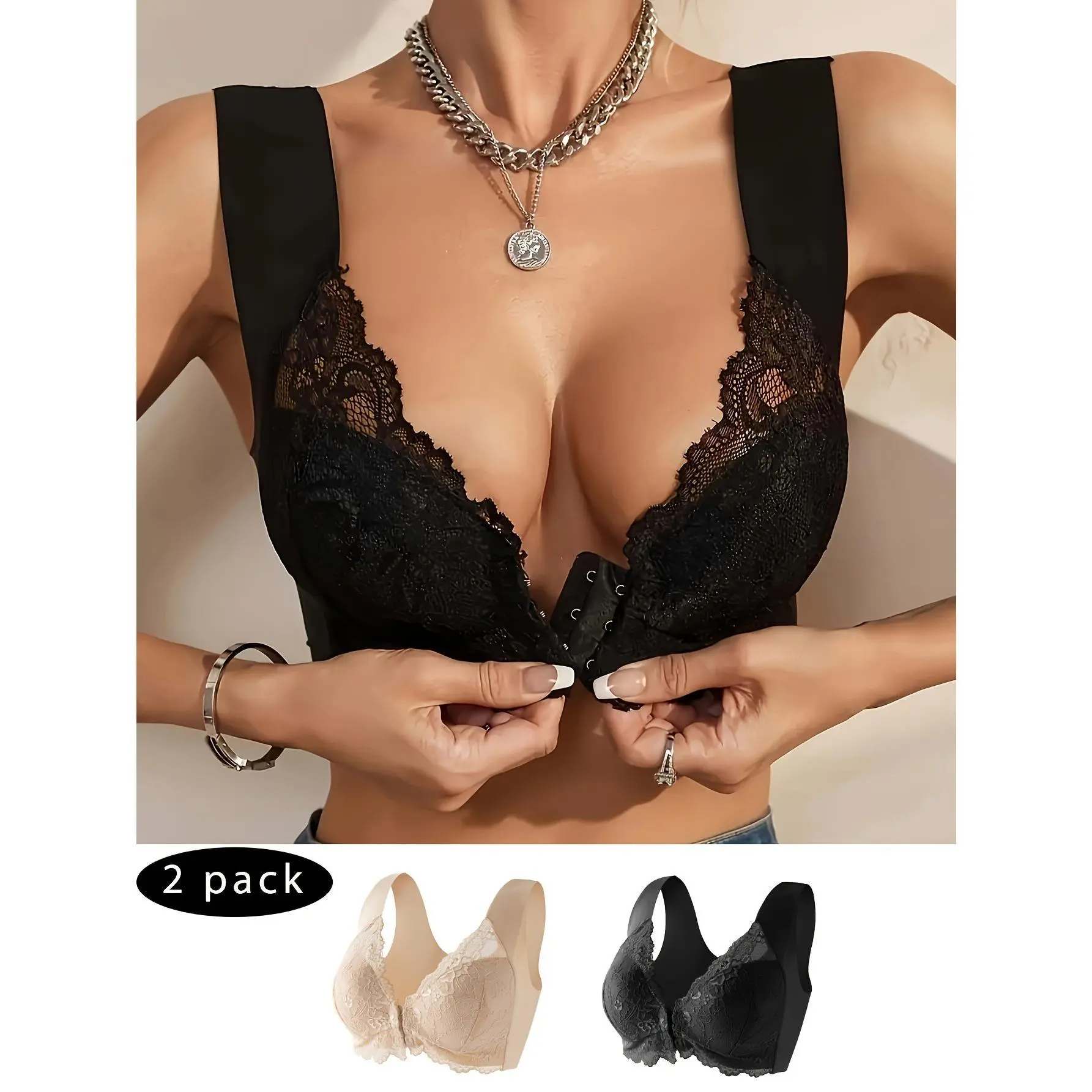 Women's Strapless Bralette 2-Pack, Elegant Minimalist Jacquard Lace, Wire-Free Push-Up with Front Closure