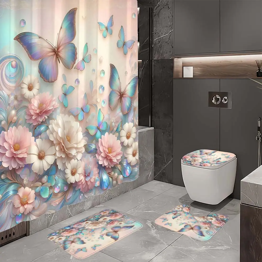 4-piece colorful butterfly and floral bathroom set, 4-piece set includes a shower curtain, non-slip mat, U-shaped toilet mat, and toilet lid cover, with shower curtain hooks, belongs to bathroom decor products